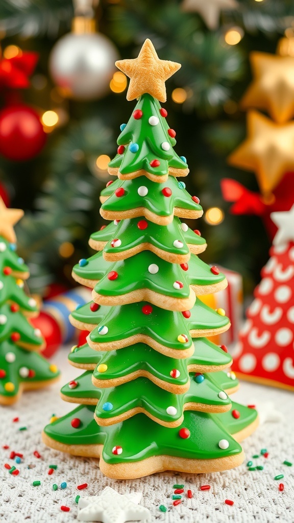 3D Christmas tree cookies decorated with icing and sprinkles, stacked to resemble a tree, set against a festive holiday backdrop.